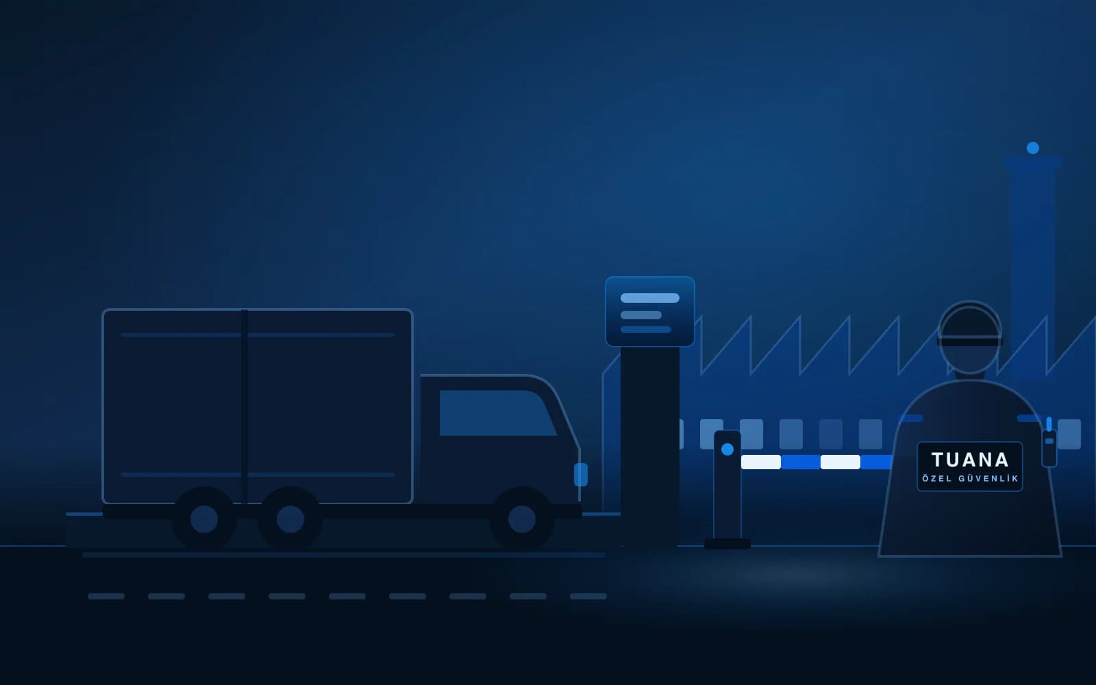 Gece fabrika kapısında bariyer önünde bekleyen kamyon, kantar platformu, tartı göstergesi ve giriş kontrolü yapan güvenlik görevlisi.